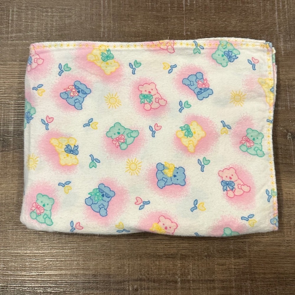Vintage Pastel Teddy Bear Sun Floral Receiving Blanket White Cotton Flannel